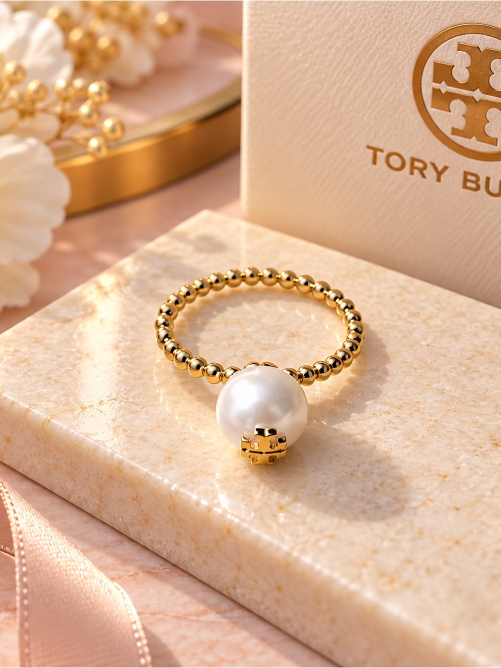 Tory Burch Gold Beaded Ring with White Pearl and Logo Accent